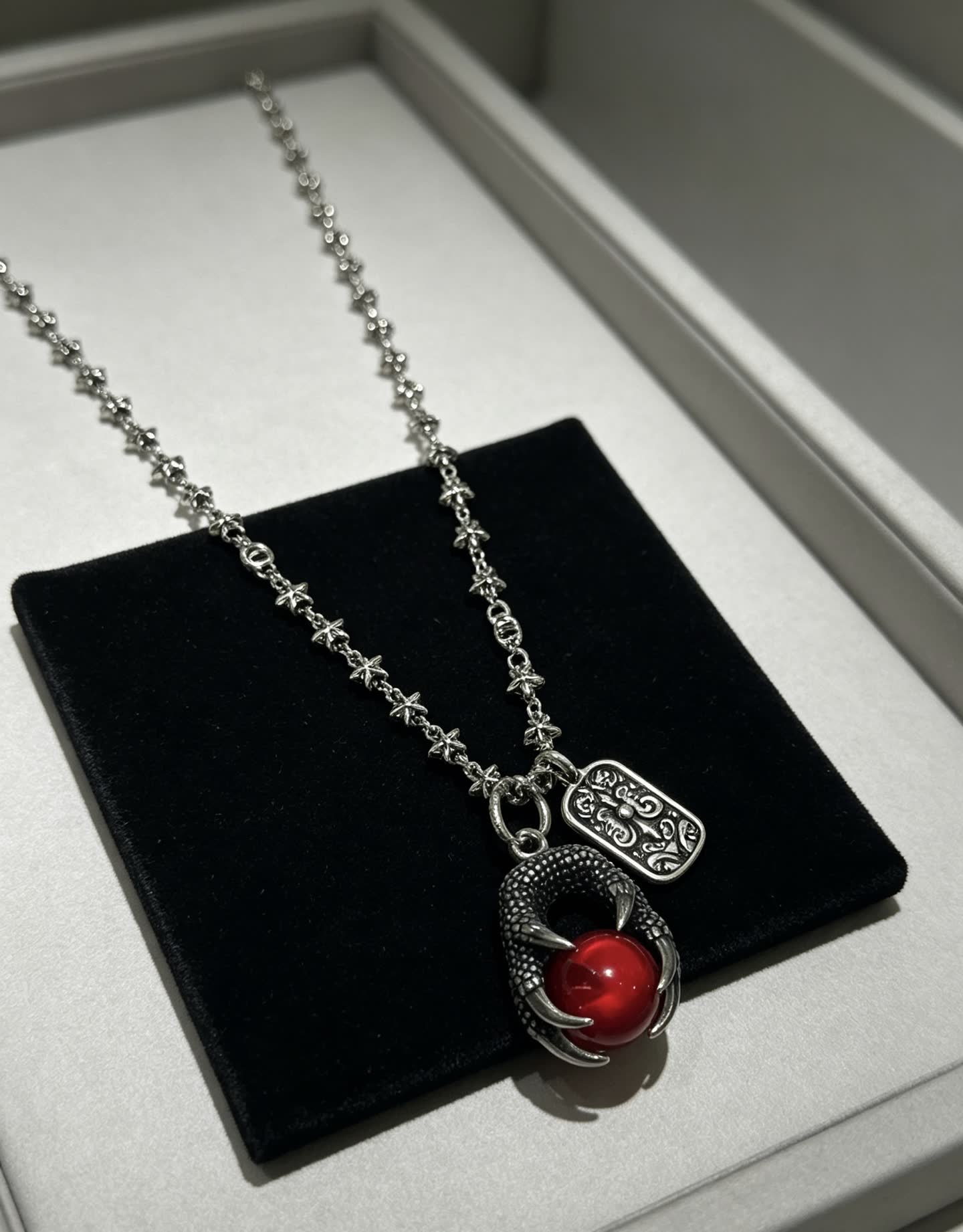 Chrome Hearts Silver Dragon Claw Red Crystal Necklace